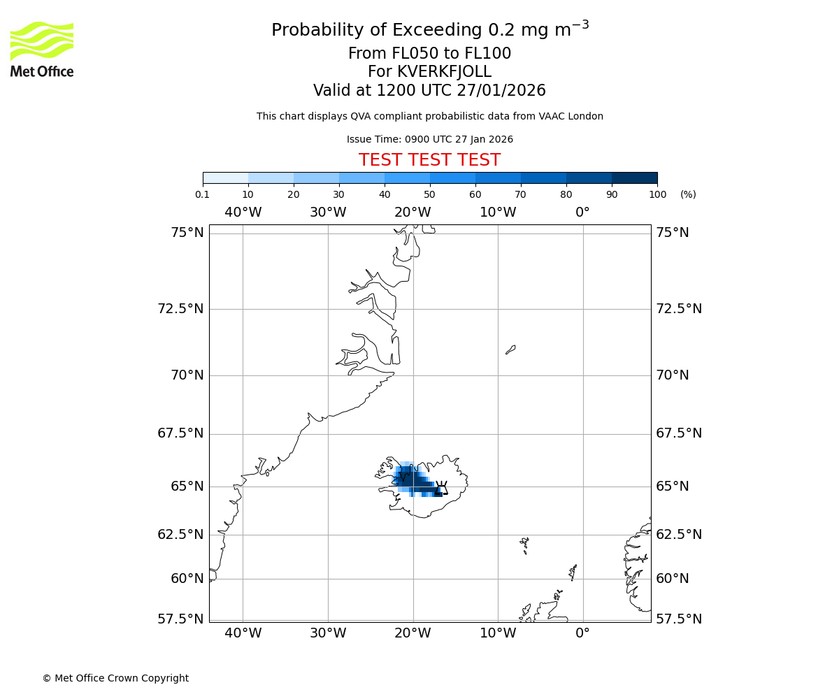 Probability of exceeding 0.2 milligrams per metre cubed. From 050 to 100 for KVERKFJOLL. Valid at 1200 UTC 27/01/2026