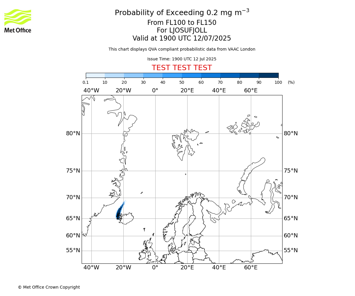 Probability of exceeding 0.2 milligrams per metre cubed. From 100 to 150 for LJOSUFJOLL. Valid at 1900 UTC 12/07/2025