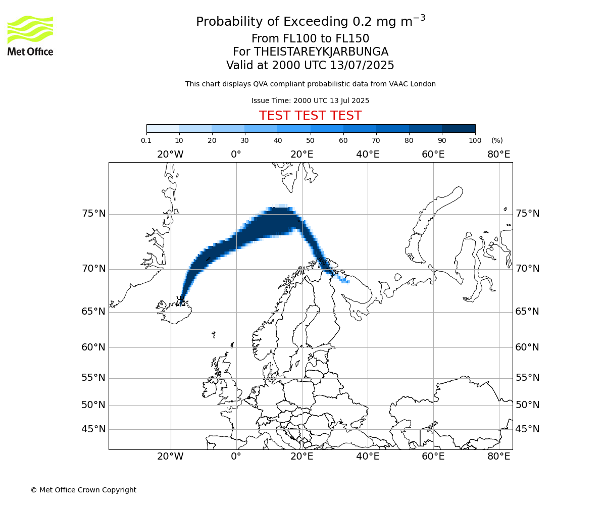 Probability of exceeding 0.2 milligrams per metre cubed. From 100 to 150 for THEISTAREYKJARBUNGA. Valid at 2000 UTC 13/07/2025