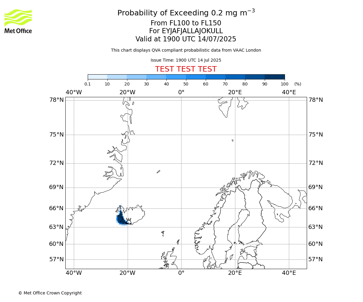 Probability of exceeding 0.2 milligrams per metre cubed. From 100 to 150 for EYJAFJALLAJOKULL. Valid at 1900 UTC 14/07/2025