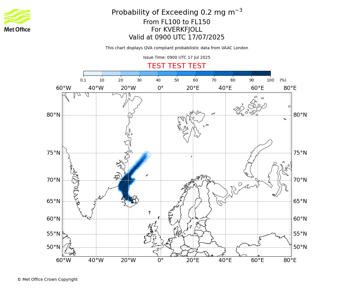 Probability of exceeding 0.2 milligrams per metre cubed. From 100 to 150 for KVERKFJOLL. Valid at 0900 UTC 17/07/2025