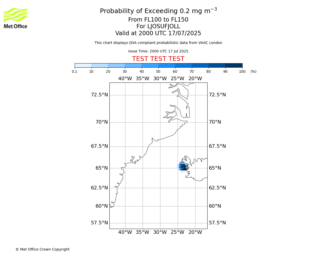 Probability of exceeding 0.2 milligrams per metre cubed. From 100 to 150 for LJOSUFJOLL. Valid at 2000 UTC 17/07/2025