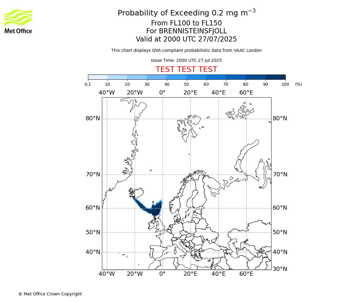 Probability of exceeding 0.2 milligrams per metre cubed. From 100 to 150 for BRENNISTEINSFJOLL. Valid at 2000 UTC 27/07/2025