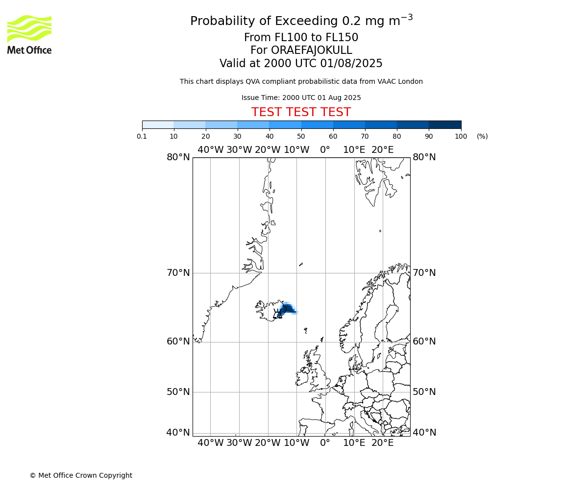Probability of exceeding 0.2 milligrams per metre cubed. From 100 to 150 for ORAEFAJOKULL. Valid at 2000 UTC 01/08/2025