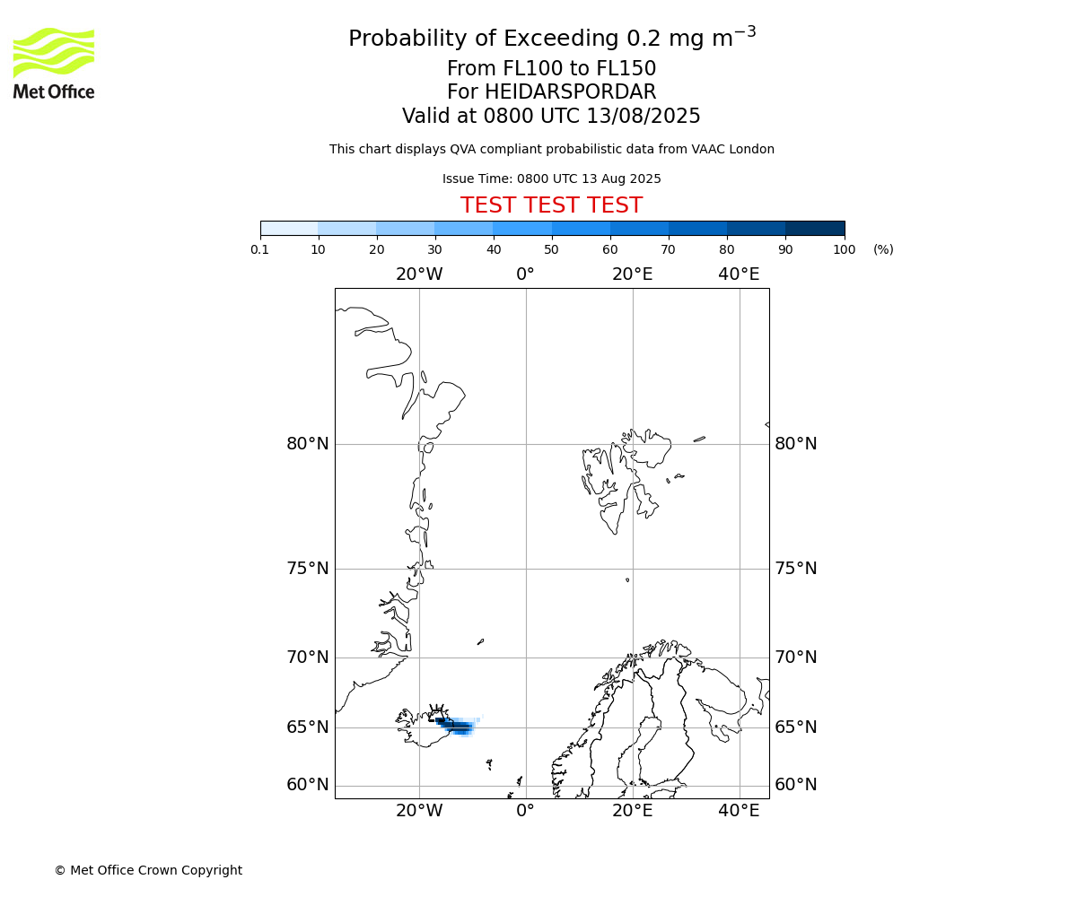 Probability of exceeding 0.2 milligrams per metre cubed. From 100 to 150 for HEIDARSPORDAR. Valid at 0800 UTC 13/08/2025