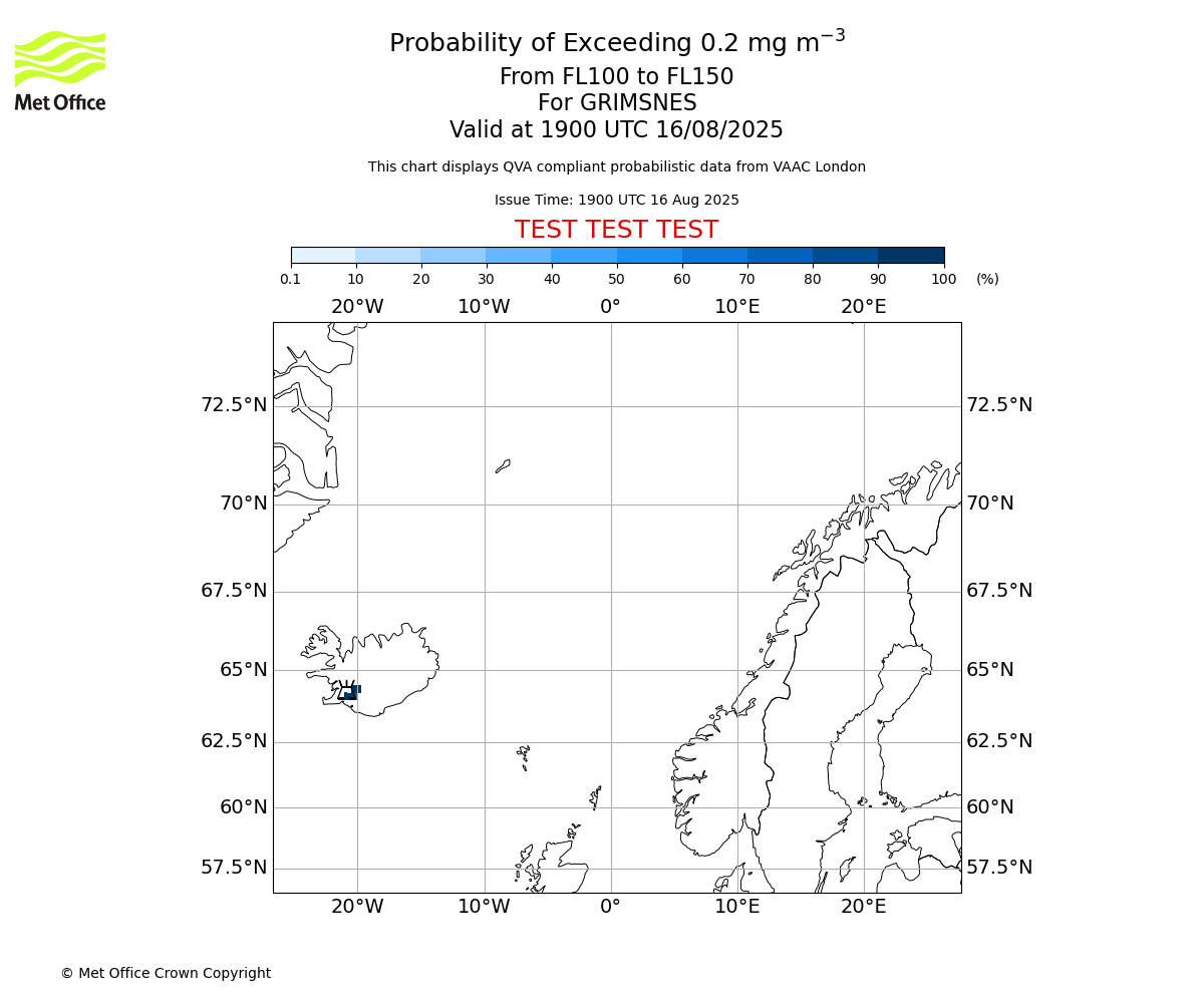Probability of exceeding 0.2 milligrams per metre cubed. From 100 to 150 for GRIMSNES. Valid at 1900 UTC 16/08/2025