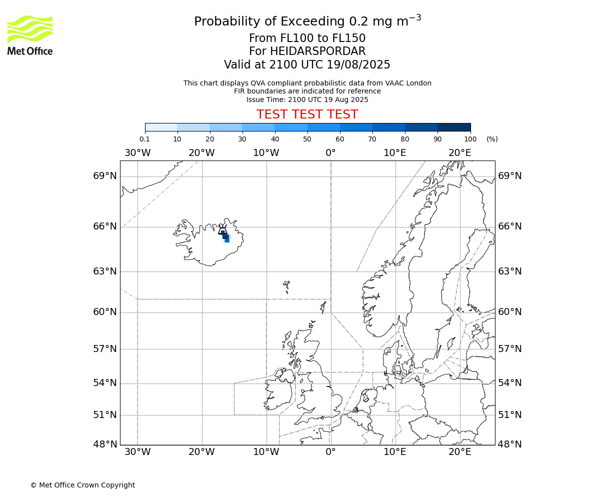 Probability of exceeding 0.2 milligrams per metre cubed. From 100 to 150 for HEIDARSPORDAR. Valid at 2100 UTC 19/08/2025