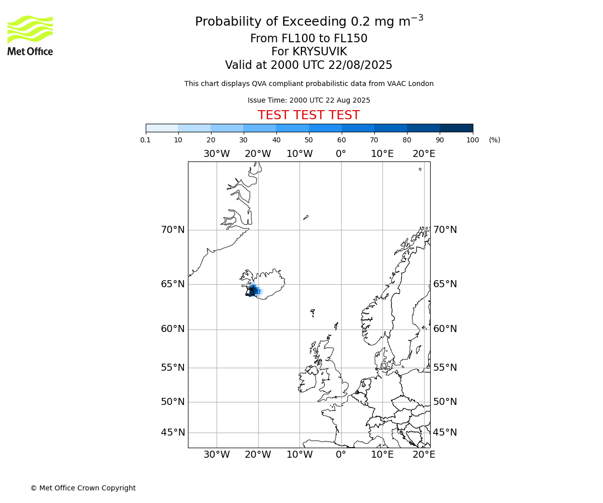 Probability of exceeding 0.2 milligrams per metre cubed. From 100 to 150 for KRYSUVIK. Valid at 2000 UTC 22/08/2025
