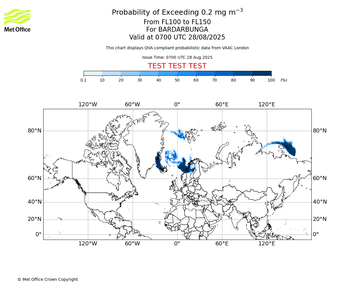 Probability of exceeding 0.2 milligrams per metre cubed. From 100 to 150 for BARDARBUNGA. Valid at 0700 UTC 28/08/2025