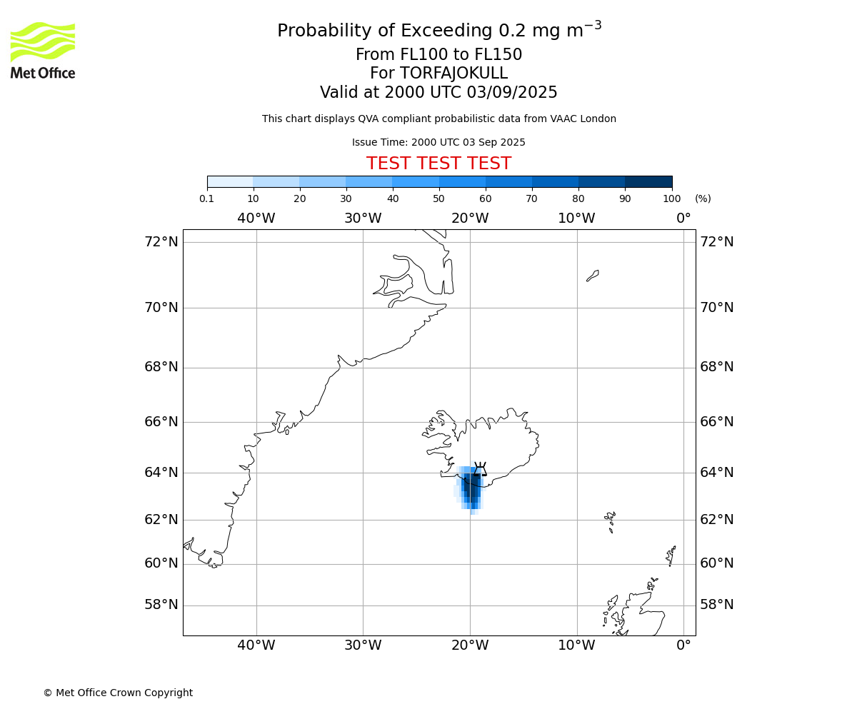 Probability of exceeding 0.2 milligrams per metre cubed. From 100 to 150 for TORFAJOKULL. Valid at 2000 UTC 03/09/2025