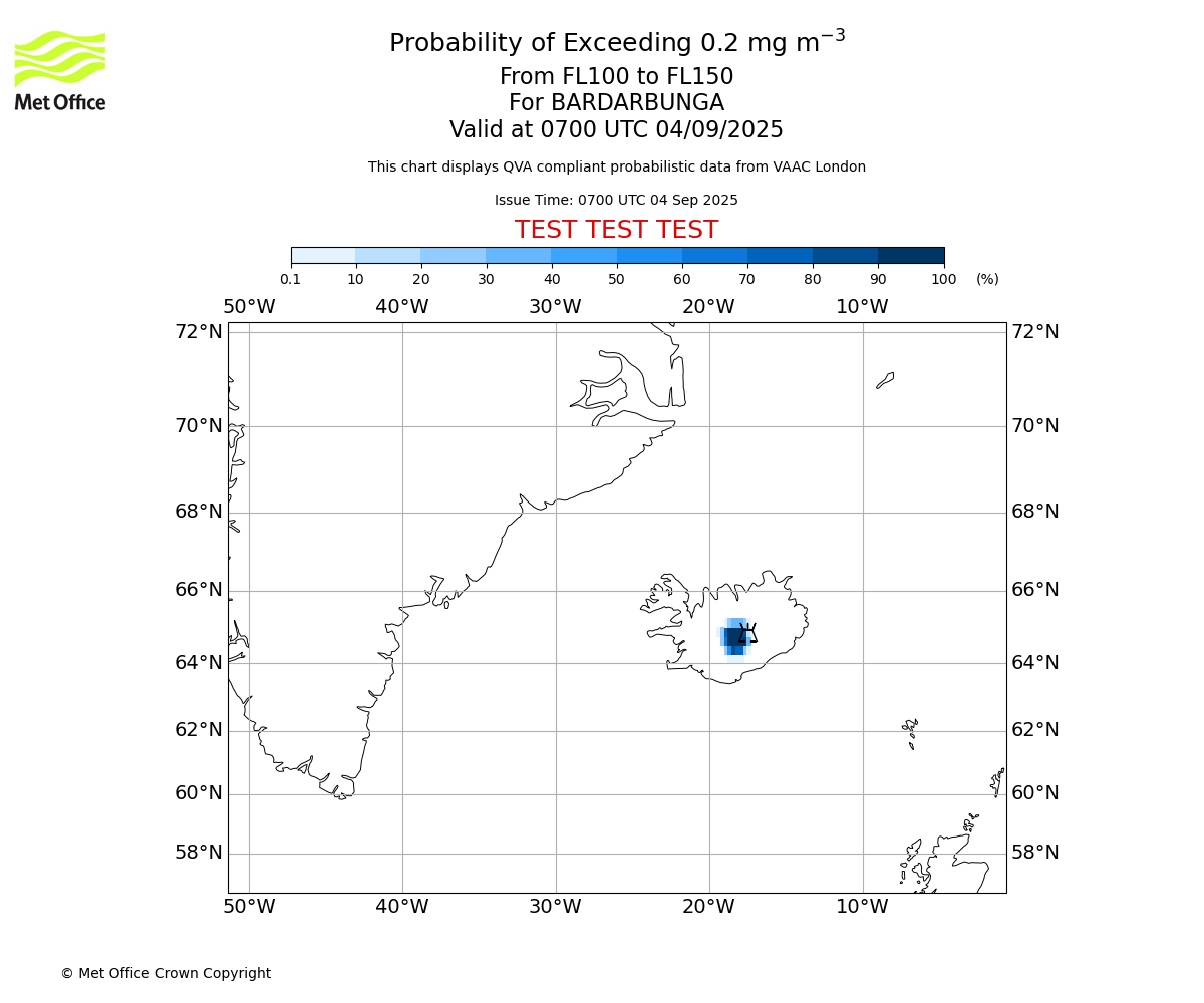 Probability of exceeding 0.2 milligrams per metre cubed. From 100 to 150 for BARDARBUNGA. Valid at 0700 UTC 04/09/2025