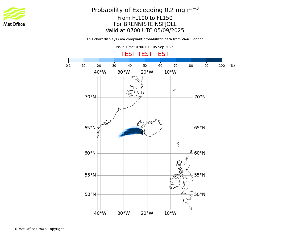 Probability of exceeding 0.2 milligrams per metre cubed. From 100 to 150 for BRENNISTEINSFJOLL. Valid at 0700 UTC 05/09/2025