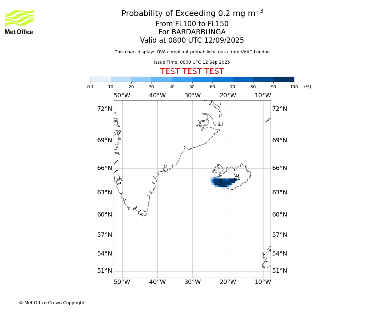 Probability of exceeding 0.2 milligrams per metre cubed. From 100 to 150 for BARDARBUNGA. Valid at 0800 UTC 12/09/2025