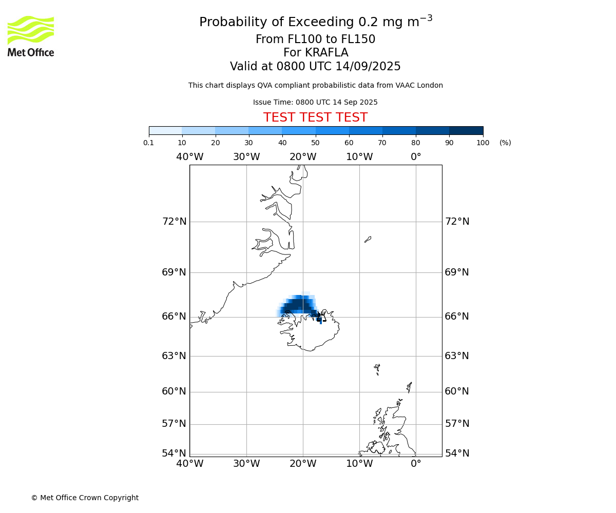 Probability of exceeding 0.2 milligrams per metre cubed. From 100 to 150 for KRAFLA. Valid at 0800 UTC 14/09/2025
