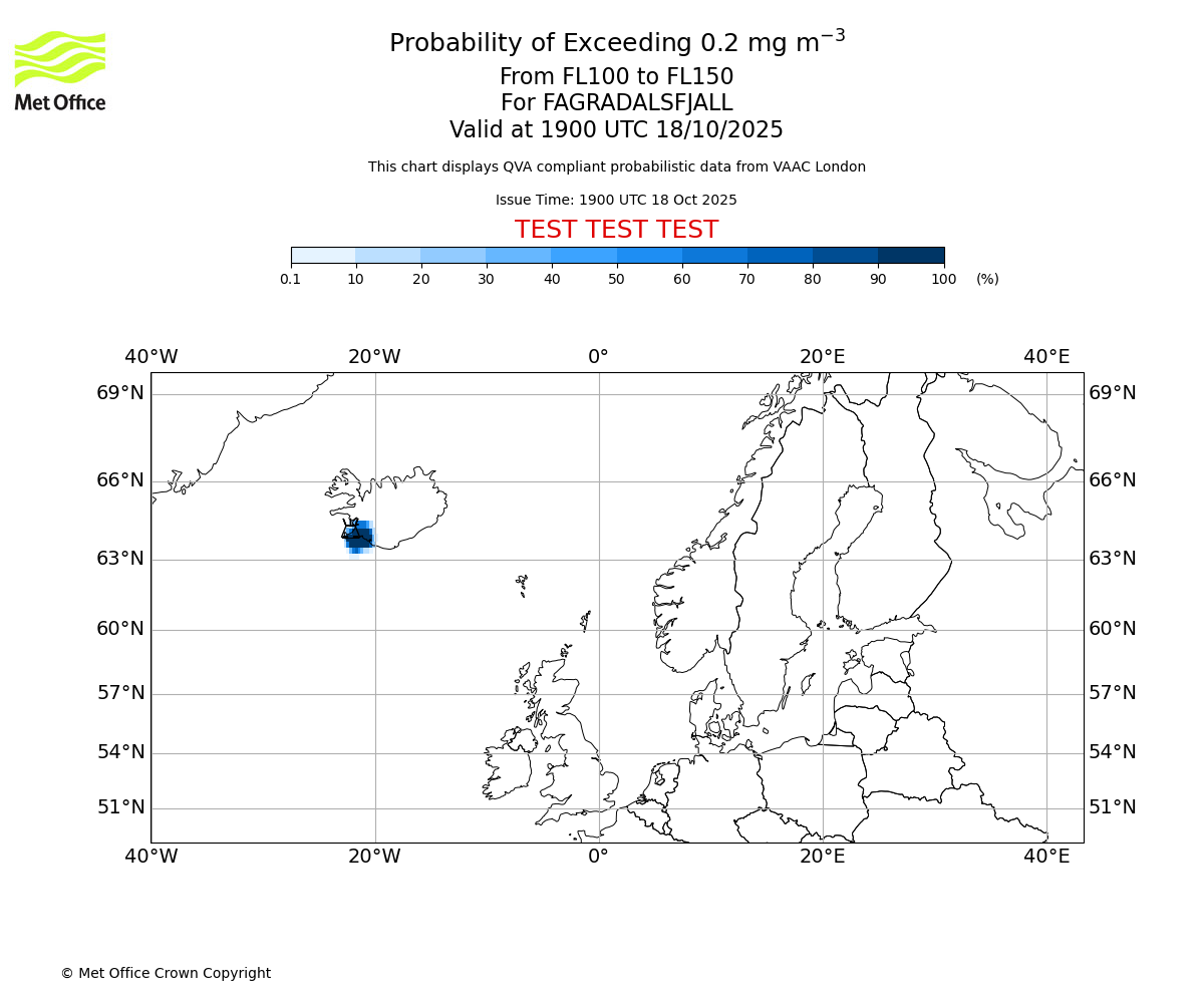 Probability of exceeding 0.2 milligrams per metre cubed. From 100 to 150 for FAGRADALSFJALL. Valid at 1900 UTC 18/10/2025