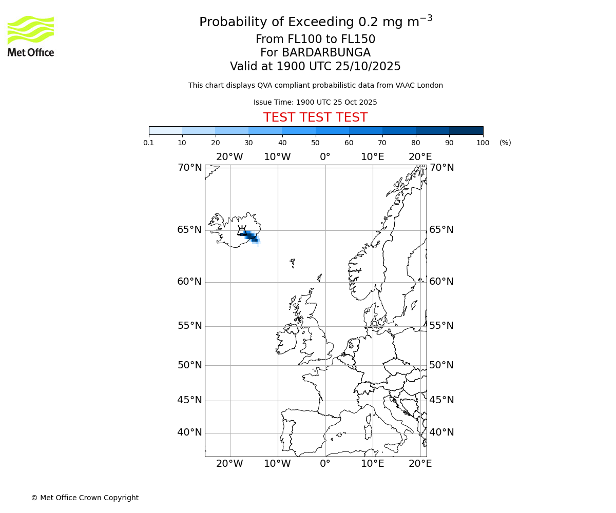 Probability of exceeding 0.2 milligrams per metre cubed. From 100 to 150 for BARDARBUNGA. Valid at 1900 UTC 25/10/2025