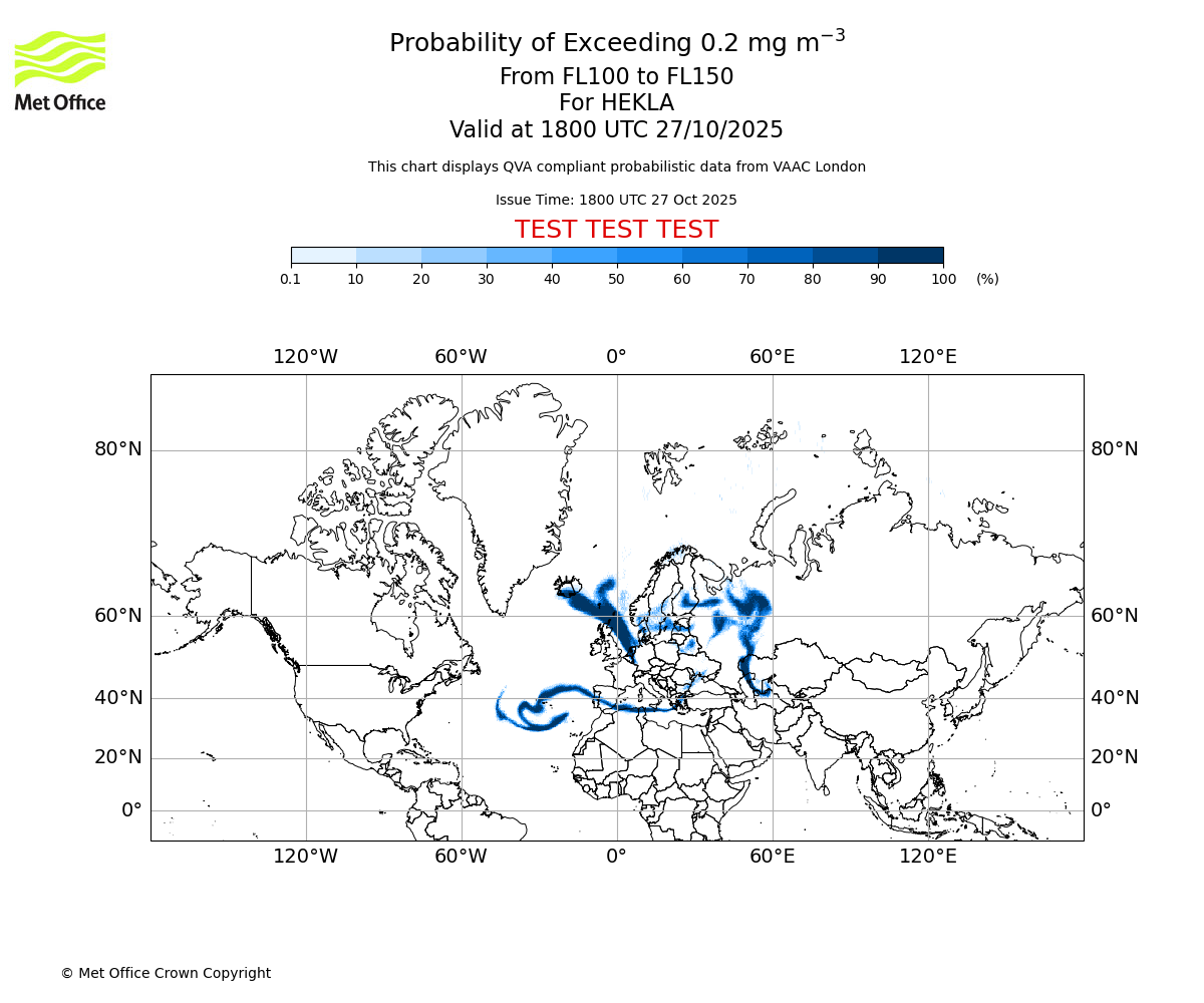 Probability of exceeding 0.2 milligrams per metre cubed. From 100 to 150 for HEKLA. Valid at 1800 UTC 27/10/2025