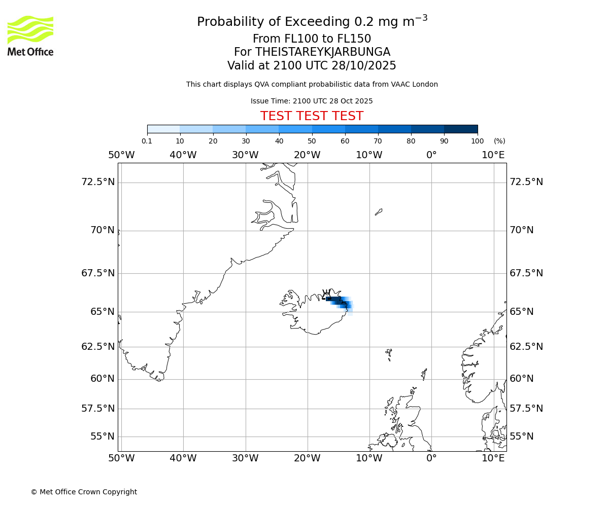Probability of exceeding 0.2 milligrams per metre cubed. From 100 to 150 for THEISTAREYKJARBUNGA. Valid at 2100 UTC 28/10/2025
