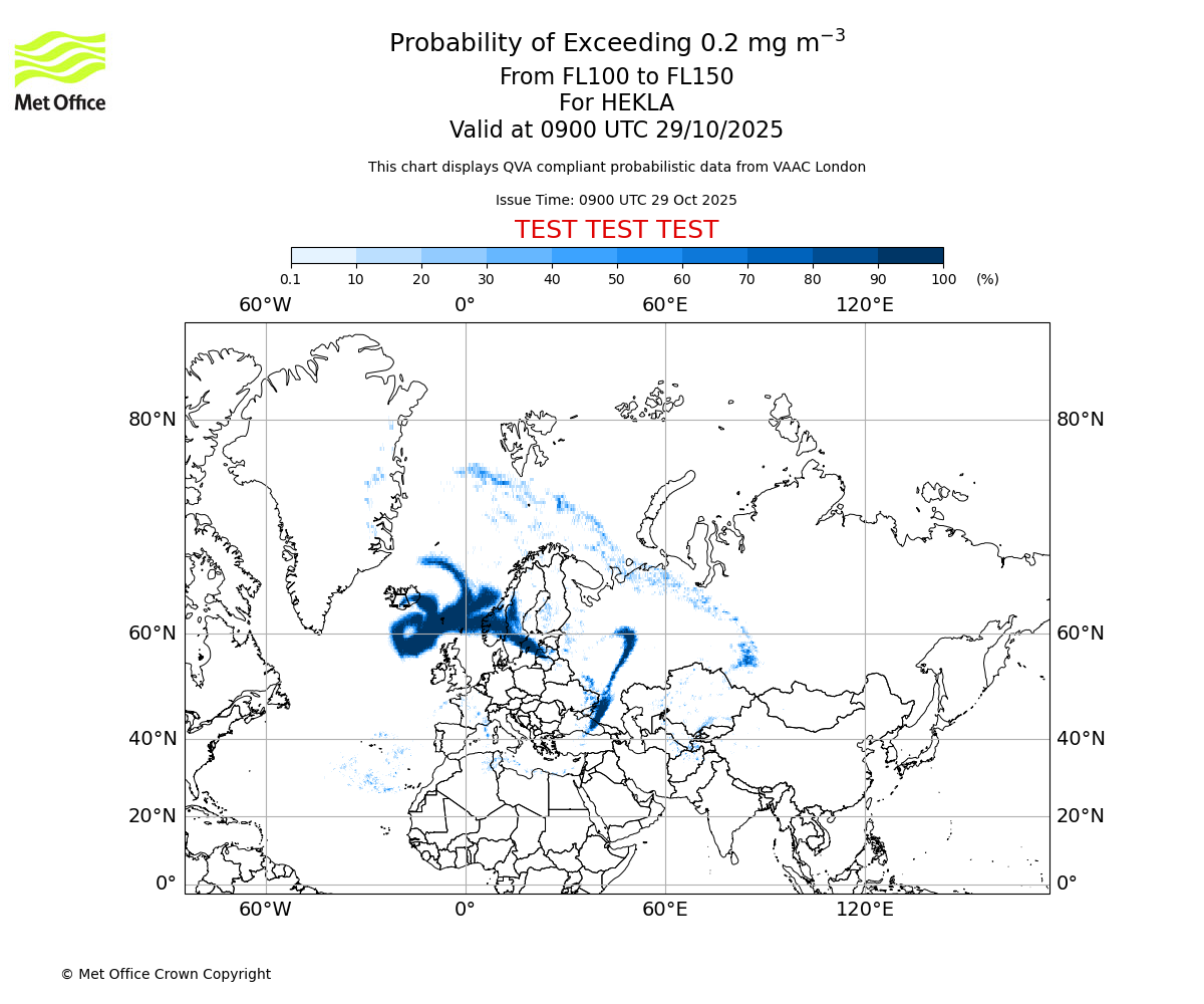Probability of exceeding 0.2 milligrams per metre cubed. From 100 to 150 for HEKLA. Valid at 0900 UTC 29/10/2025