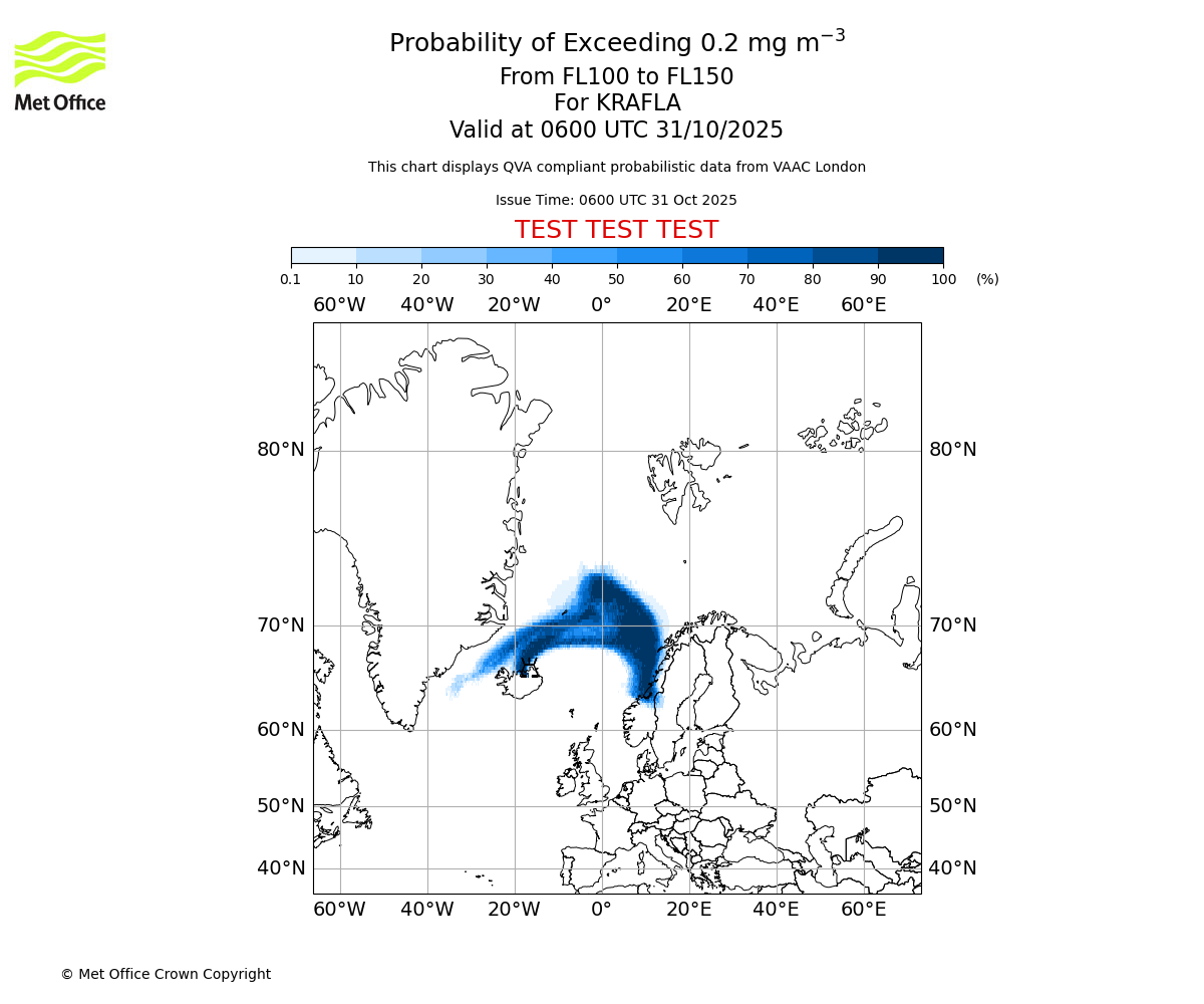 Probability of exceeding 0.2 milligrams per metre cubed. From 100 to 150 for KRAFLA. Valid at 0600 UTC 31/10/2025