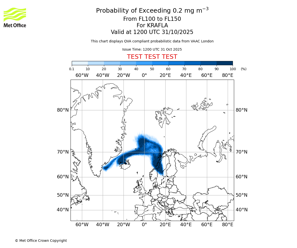 Probability of exceeding 0.2 milligrams per metre cubed. From 100 to 150 for KRAFLA. Valid at 1200 UTC 31/10/2025