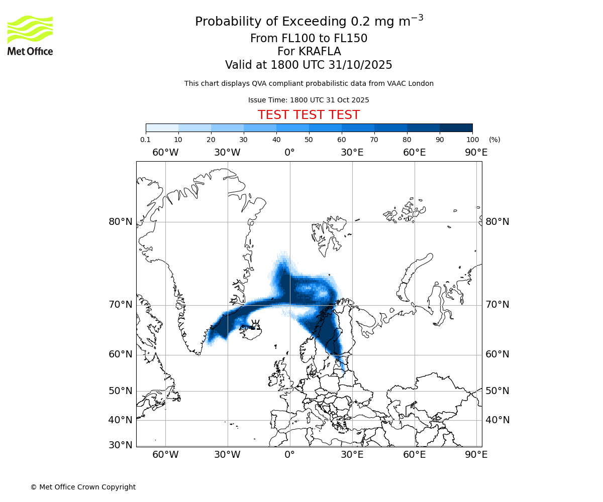 Probability of exceeding 0.2 milligrams per metre cubed. From 100 to 150 for KRAFLA. Valid at 1800 UTC 31/10/2025