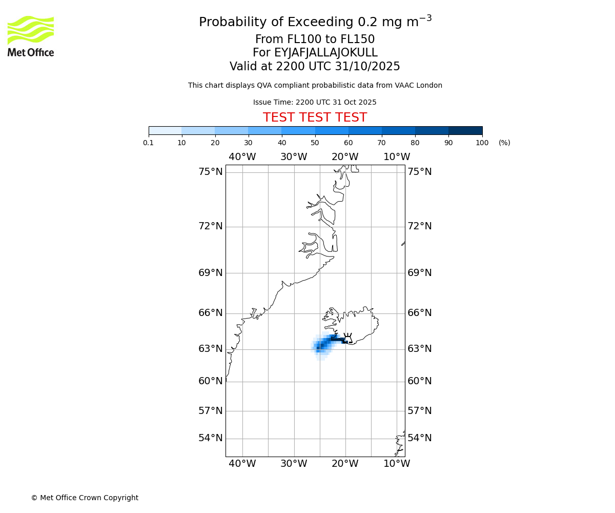 Probability of exceeding 0.2 milligrams per metre cubed. From 100 to 150 for EYJAFJALLAJOKULL. Valid at 2200 UTC 31/10/2025