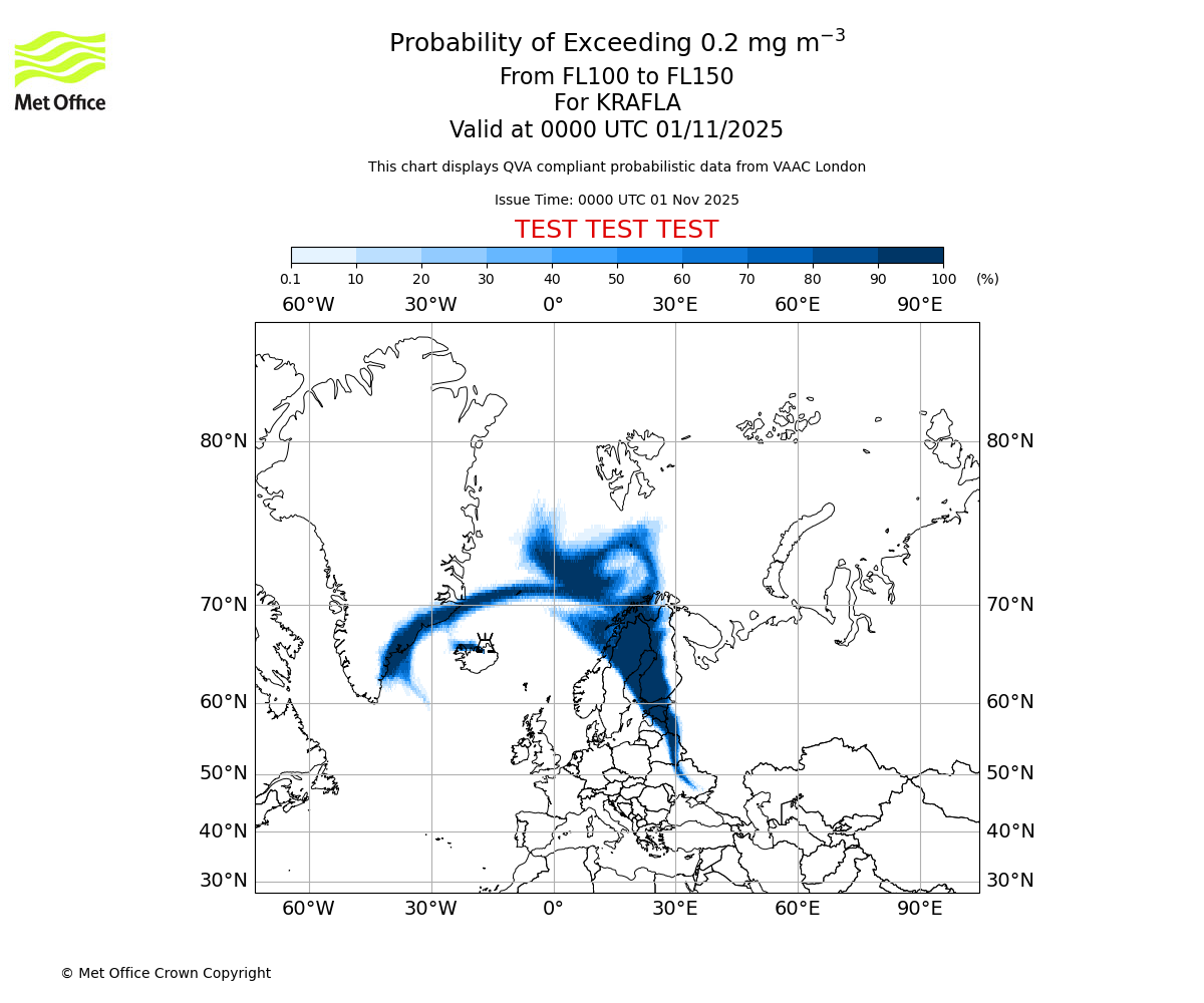 Probability of exceeding 0.2 milligrams per metre cubed. From 100 to 150 for KRAFLA. Valid at 0000 UTC 01/11/2025