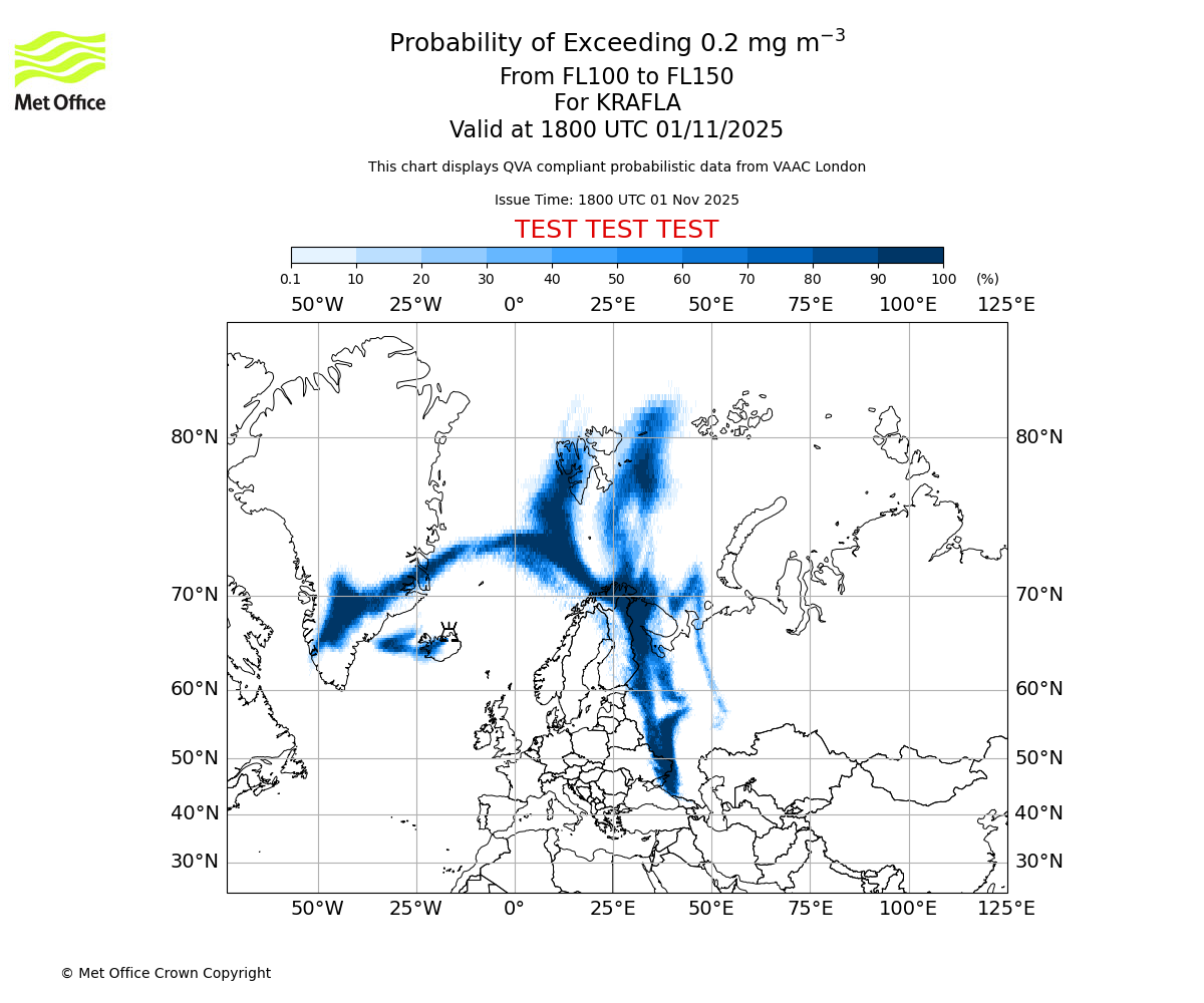 Probability of exceeding 0.2 milligrams per metre cubed. From 100 to 150 for KRAFLA. Valid at 1800 UTC 01/11/2025