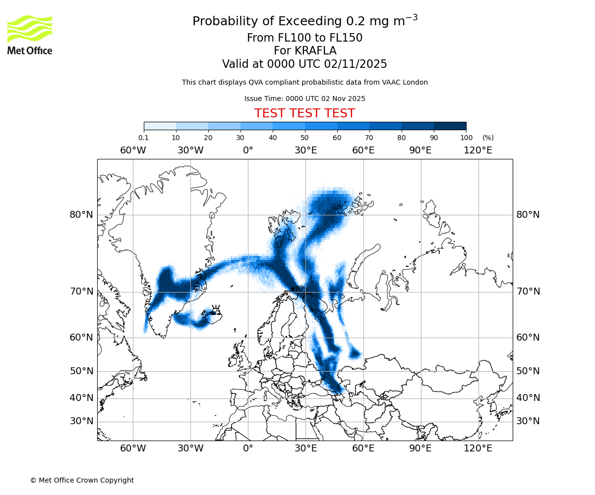 Probability of exceeding 0.2 milligrams per metre cubed. From 100 to 150 for KRAFLA. Valid at 0000 UTC 02/11/2025