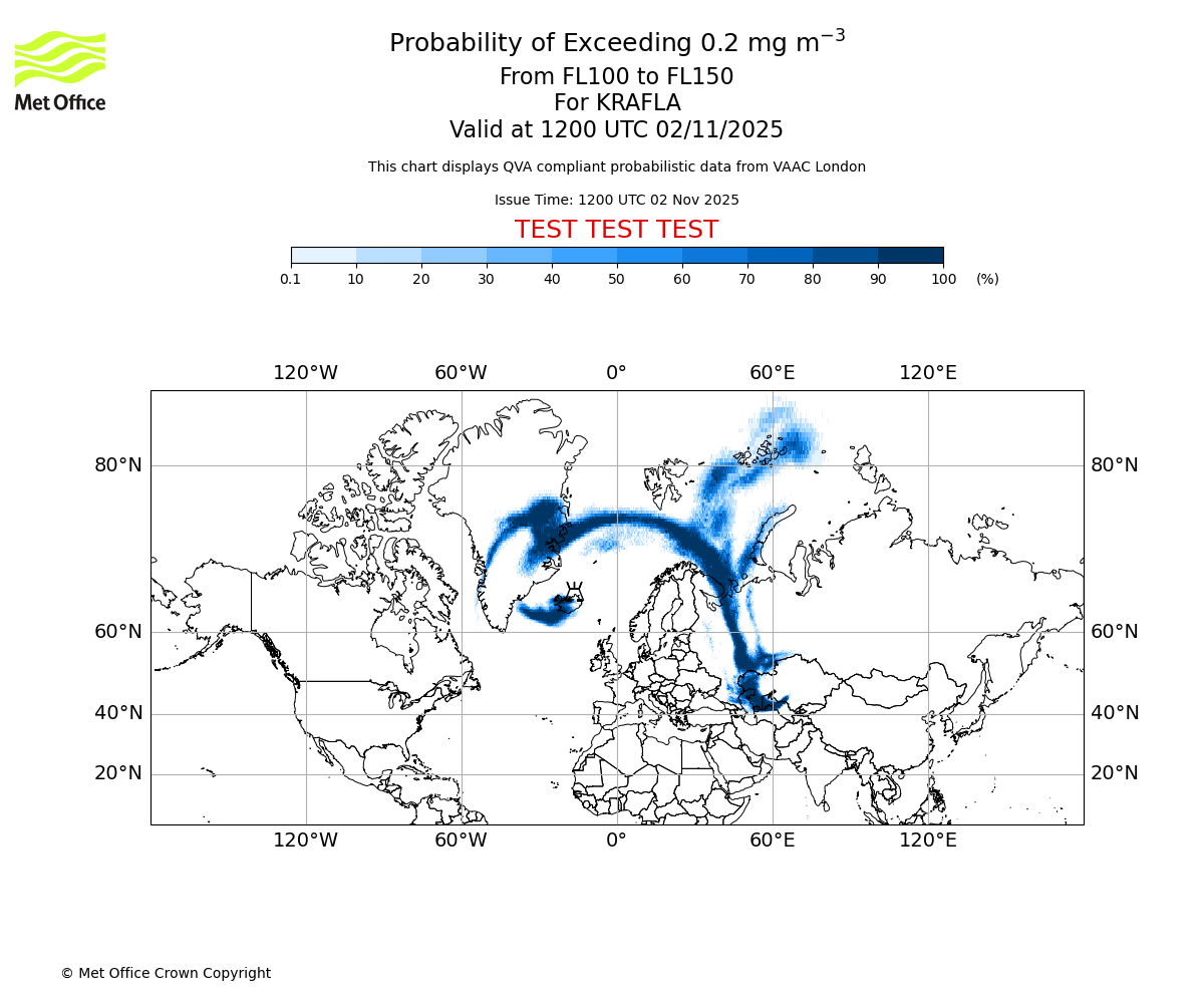 Probability of exceeding 0.2 milligrams per metre cubed. From 100 to 150 for KRAFLA. Valid at 1200 UTC 02/11/2025