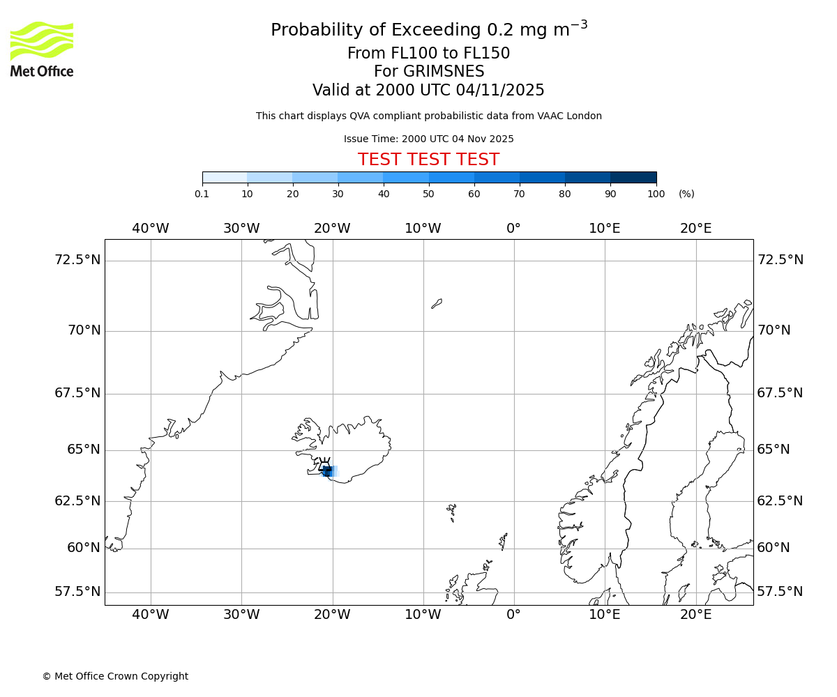 Probability of exceeding 0.2 milligrams per metre cubed. From 100 to 150 for GRIMSNES. Valid at 2000 UTC 04/11/2025