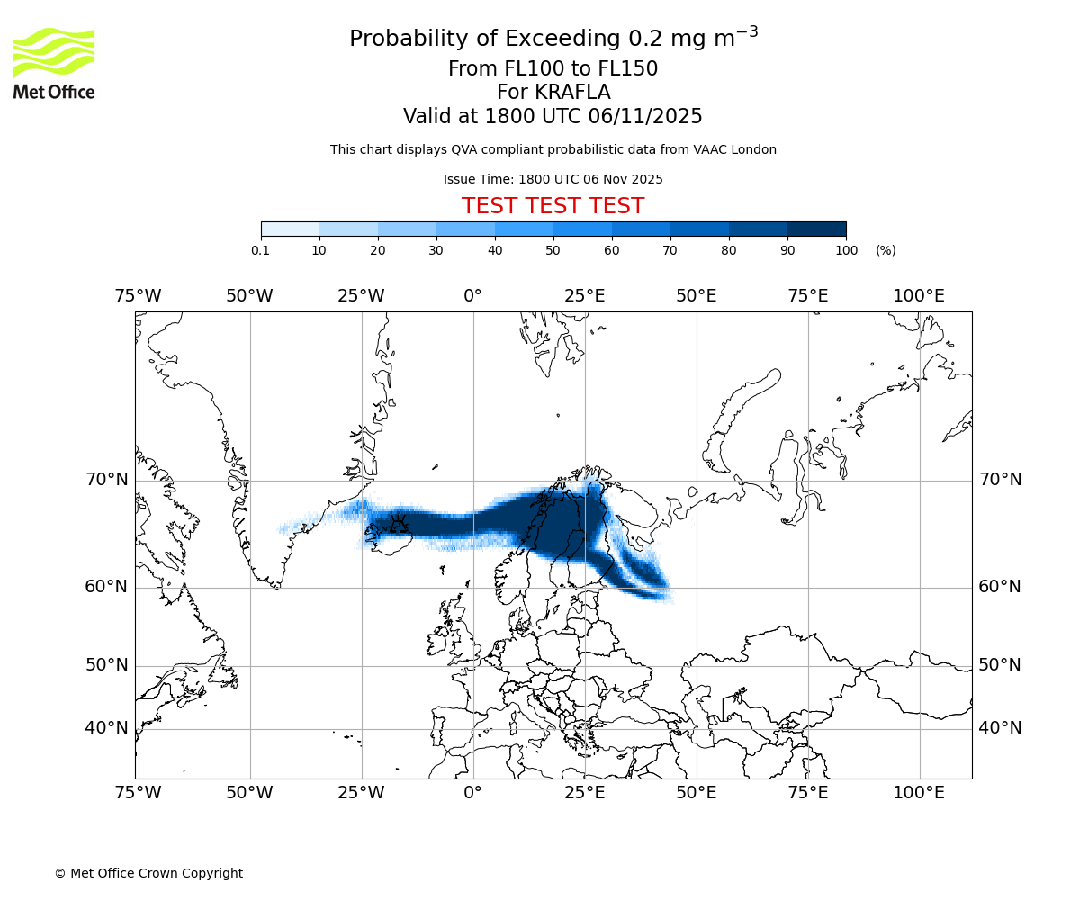 Probability of exceeding 0.2 milligrams per metre cubed. From 100 to 150 for KRAFLA. Valid at 1800 UTC 06/11/2025