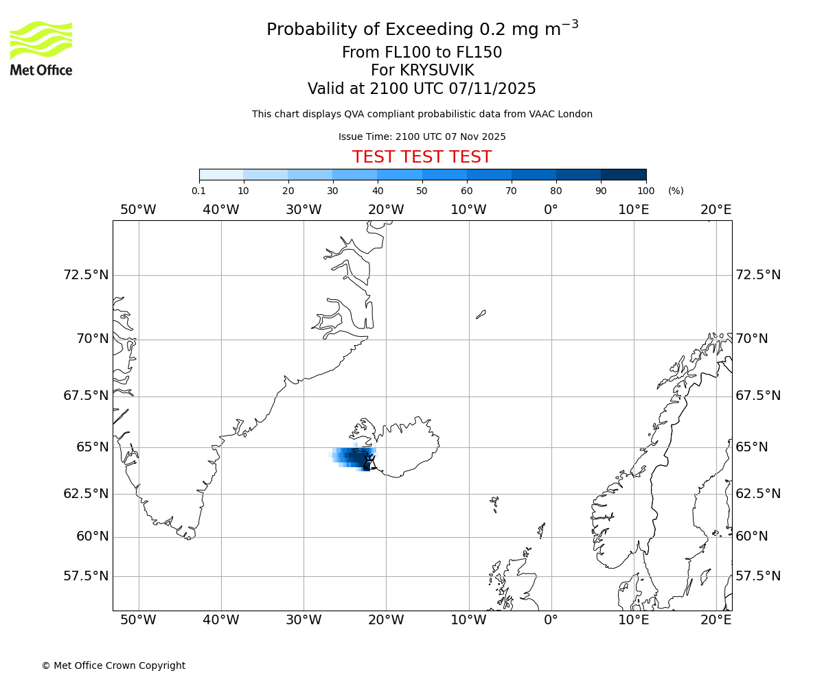 Probability of exceeding 0.2 milligrams per metre cubed. From 100 to 150 for KRYSUVIK. Valid at 2100 UTC 07/11/2025