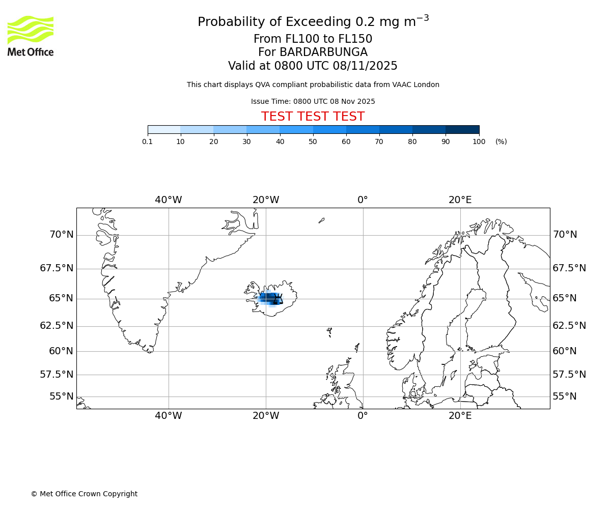 Probability of exceeding 0.2 milligrams per metre cubed. From 100 to 150 for BARDARBUNGA. Valid at 0800 UTC 08/11/2025