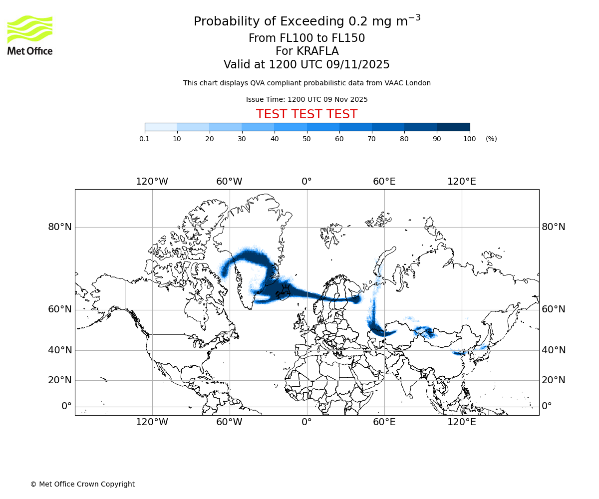 Probability of exceeding 0.2 milligrams per metre cubed. From 100 to 150 for KRAFLA. Valid at 1200 UTC 09/11/2025