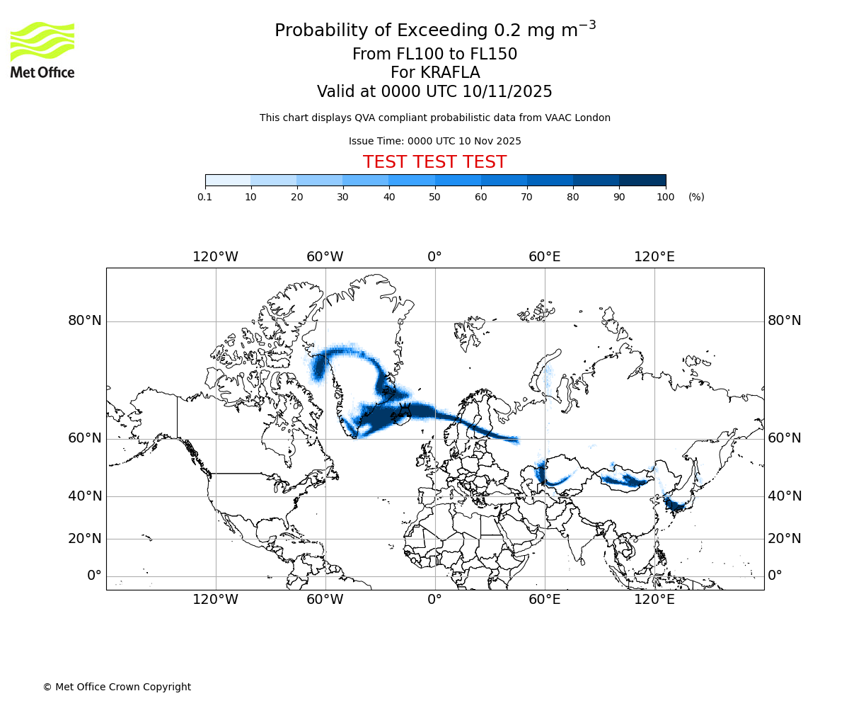 Probability of exceeding 0.2 milligrams per metre cubed. From 100 to 150 for KRAFLA. Valid at 0000 UTC 10/11/2025