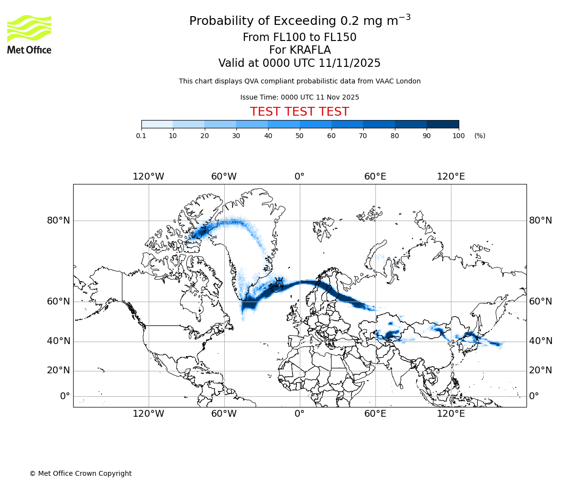 Probability of exceeding 0.2 milligrams per metre cubed. From 100 to 150 for KRAFLA. Valid at 0000 UTC 11/11/2025