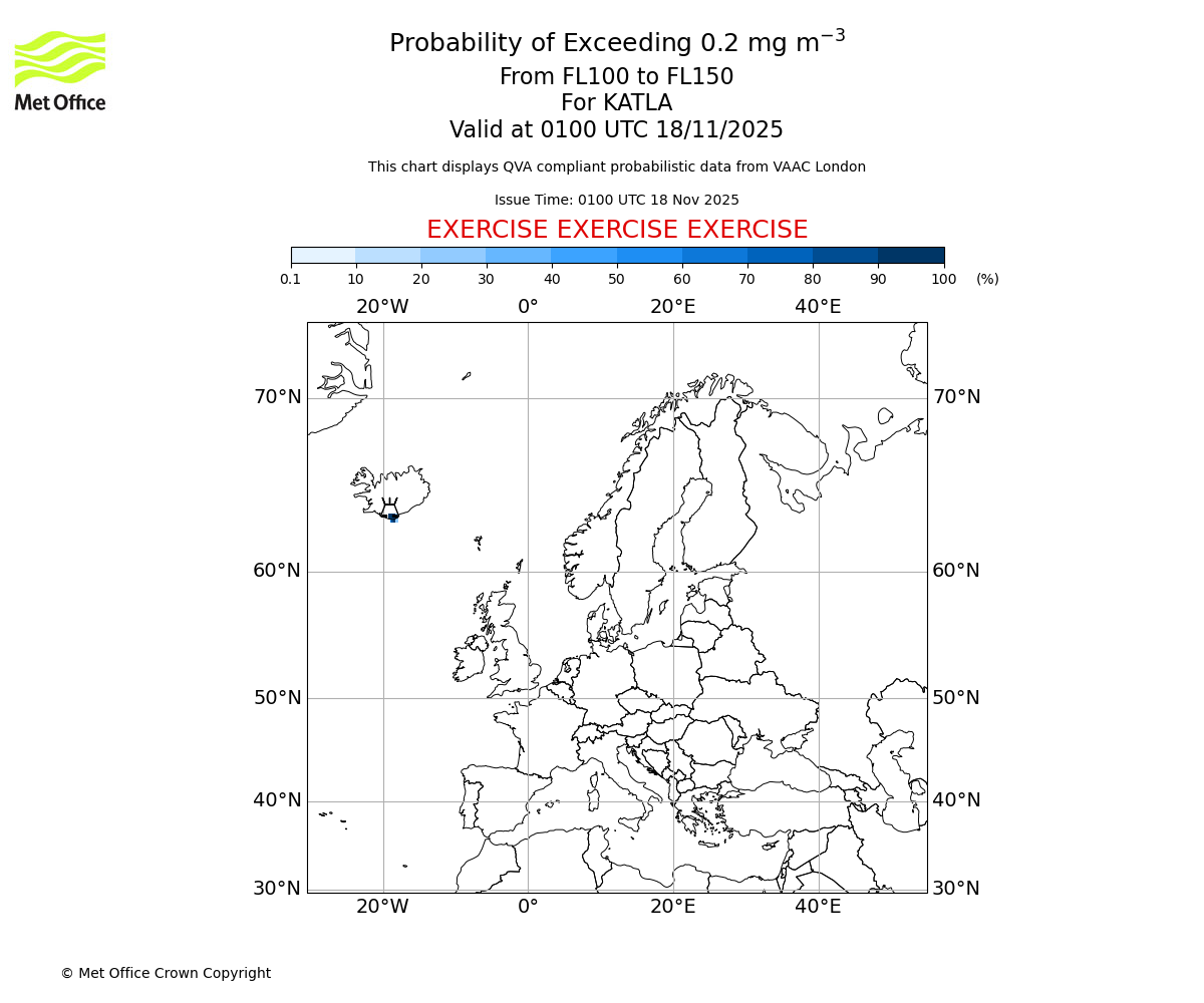 Probability of exceeding 0.2 milligrams per metre cubed. From 100 to 150 for KATLA. Valid at 0100 UTC 18/11/2025