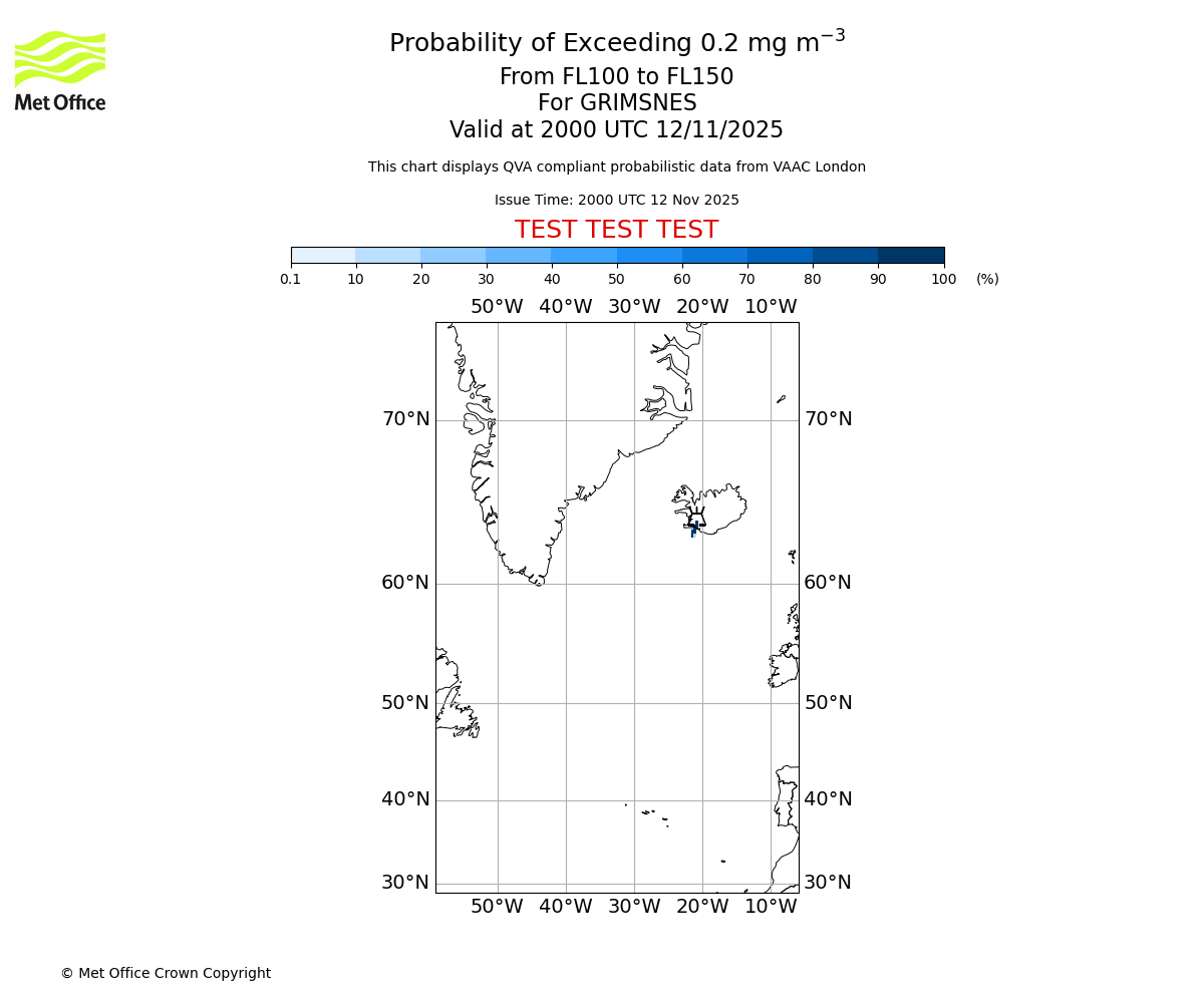 Probability of exceeding 0.2 milligrams per metre cubed. From 100 to 150 for GRIMSNES. Valid at 2000 UTC 12/11/2025