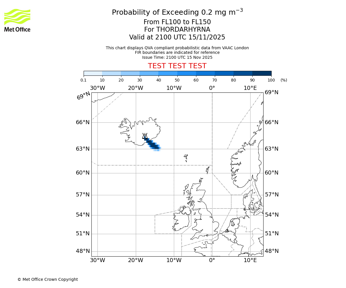 Probability of exceeding 0.2 milligrams per metre cubed. From 100 to 150 for THORDARHYRNA. Valid at 2100 UTC 15/11/2025