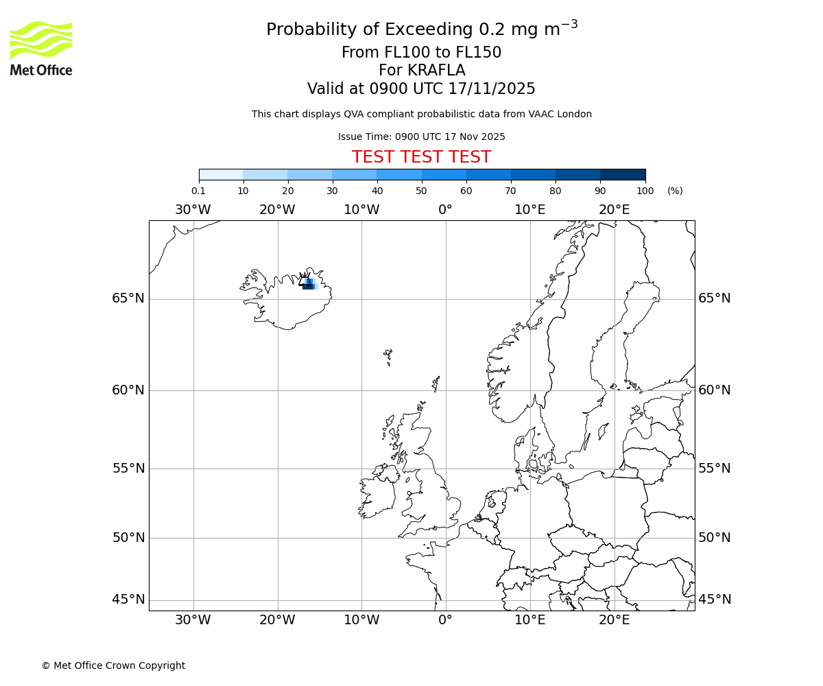 Probability of exceeding 0.2 milligrams per metre cubed. From 100 to 150 for KRAFLA. Valid at 0900 UTC 17/11/2025