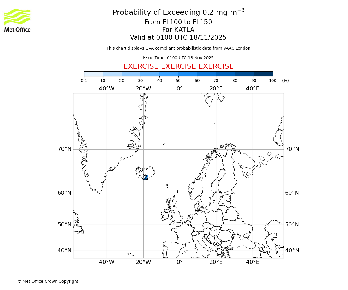 Probability of exceeding 0.2 milligrams per metre cubed. From 100 to 150 for KATLA. Valid at 0100 UTC 18/11/2025