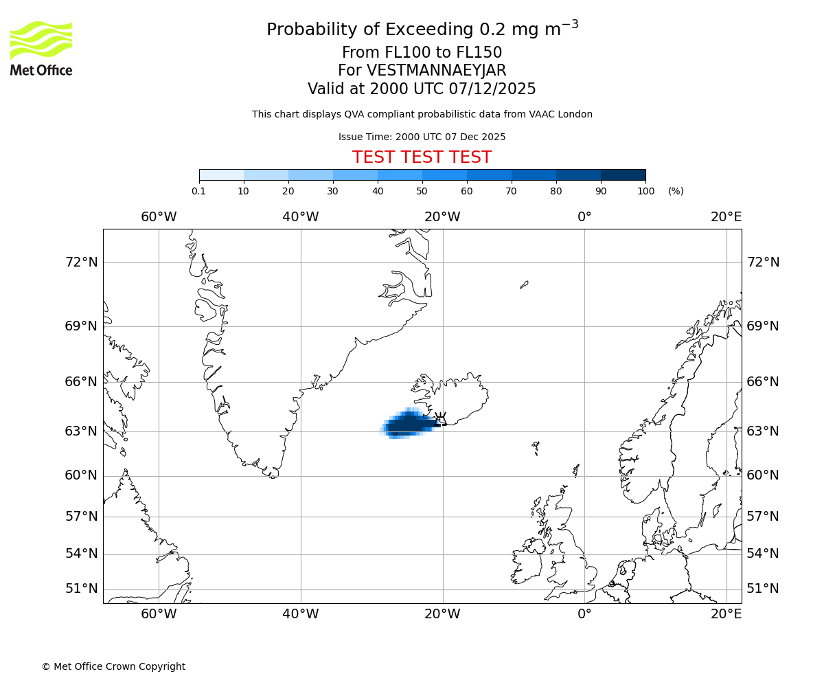 Probability of exceeding 0.2 milligrams per metre cubed. From 100 to 150 for VESTMANNAEYJAR. Valid at 2000 UTC 07/12/2025