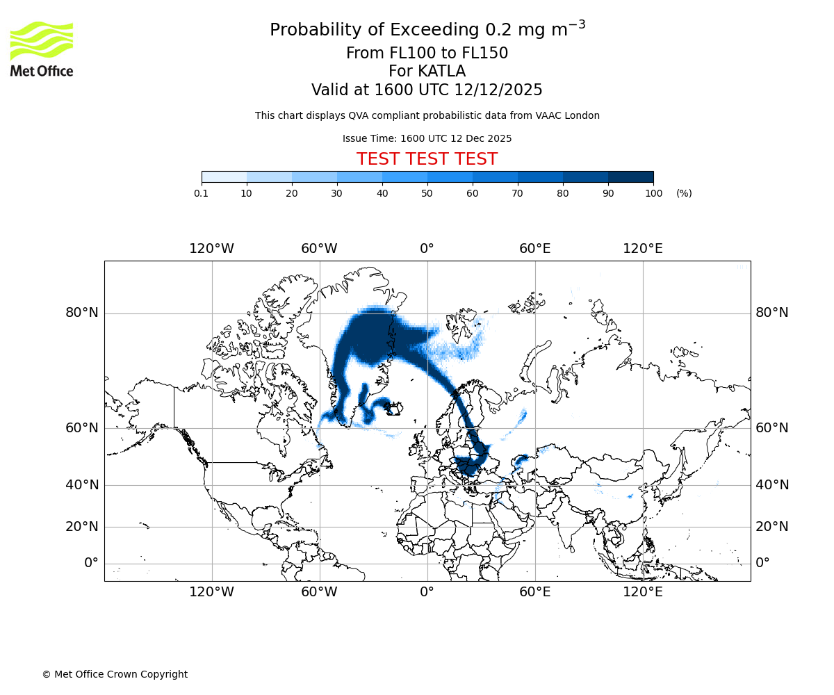 Probability of exceeding 0.2 milligrams per metre cubed. From 100 to 150 for KATLA. Valid at 1600 UTC 12/12/2025