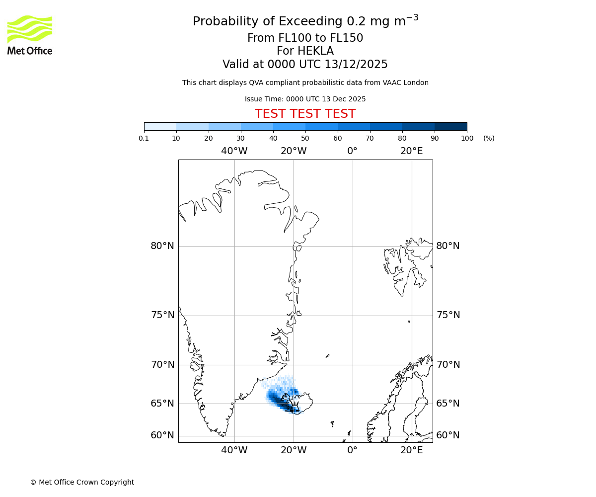 Probability of exceeding 0.2 milligrams per metre cubed. From 100 to 150 for HEKLA. Valid at 0000 UTC 13/12/2025