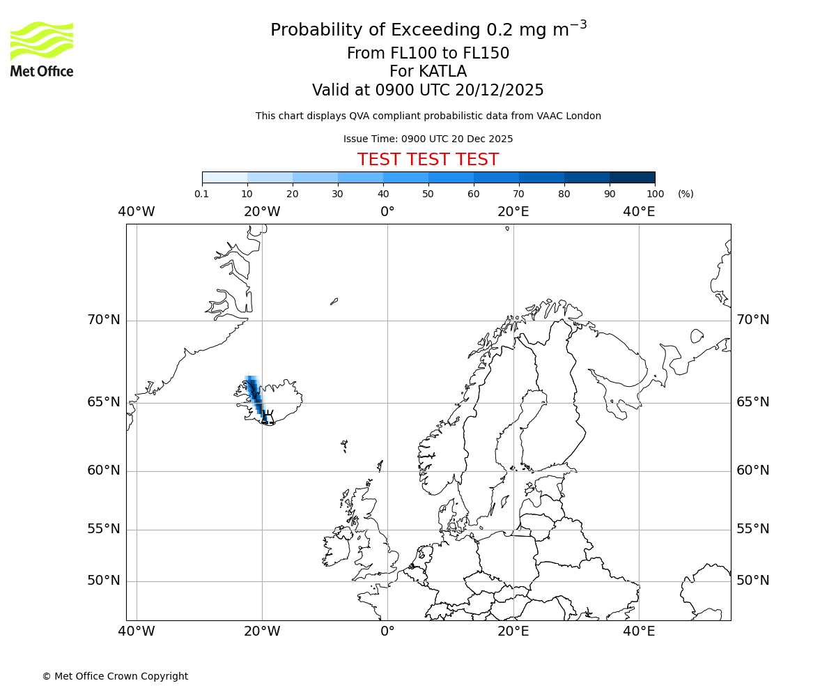 Probability of exceeding 0.2 milligrams per metre cubed. From 100 to 150 for KATLA. Valid at 0900 UTC 20/12/2025