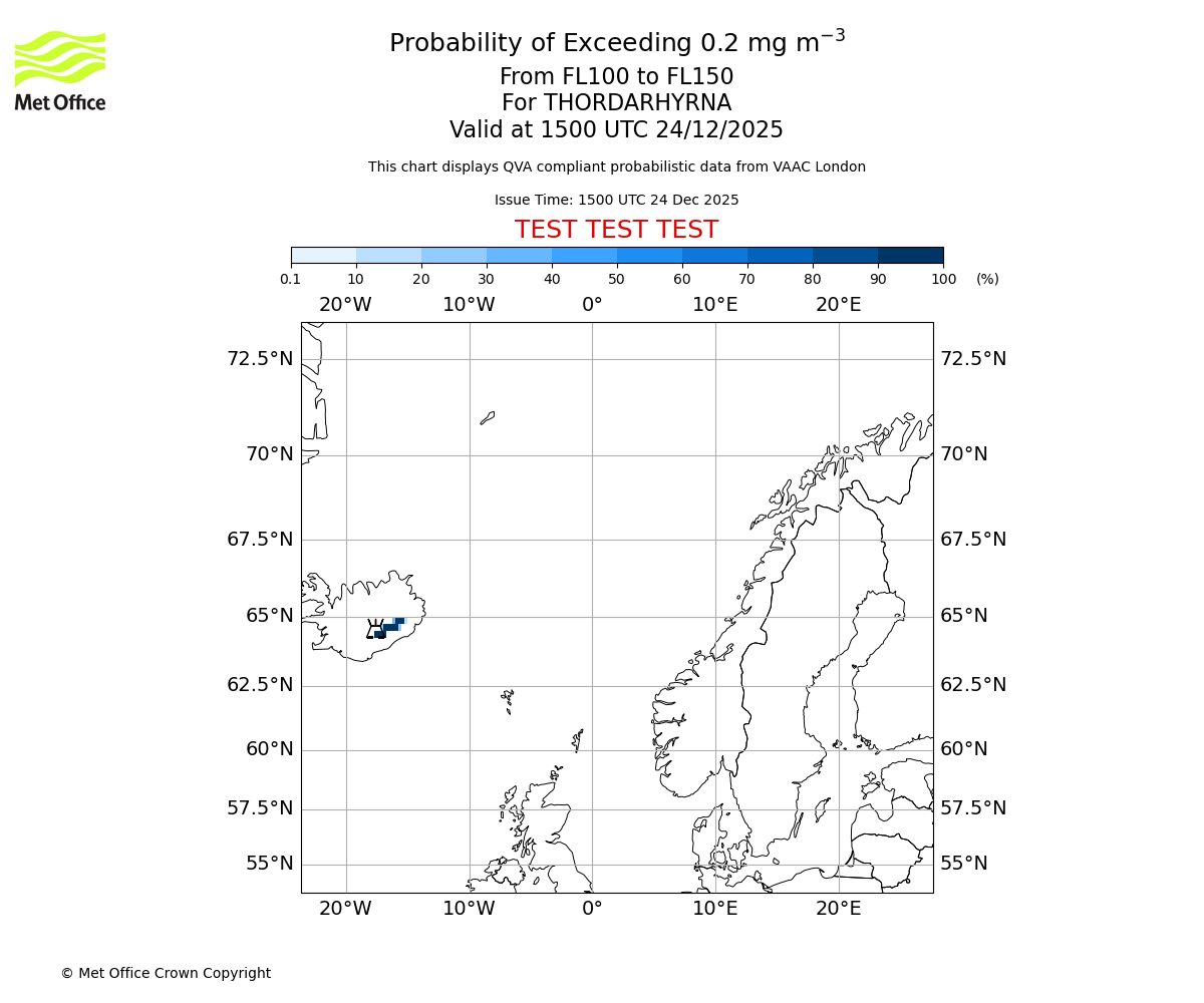 Probability of exceeding 0.2 milligrams per metre cubed. From 100 to 150 for THORDARHYRNA. Valid at 1500 UTC 24/12/2025