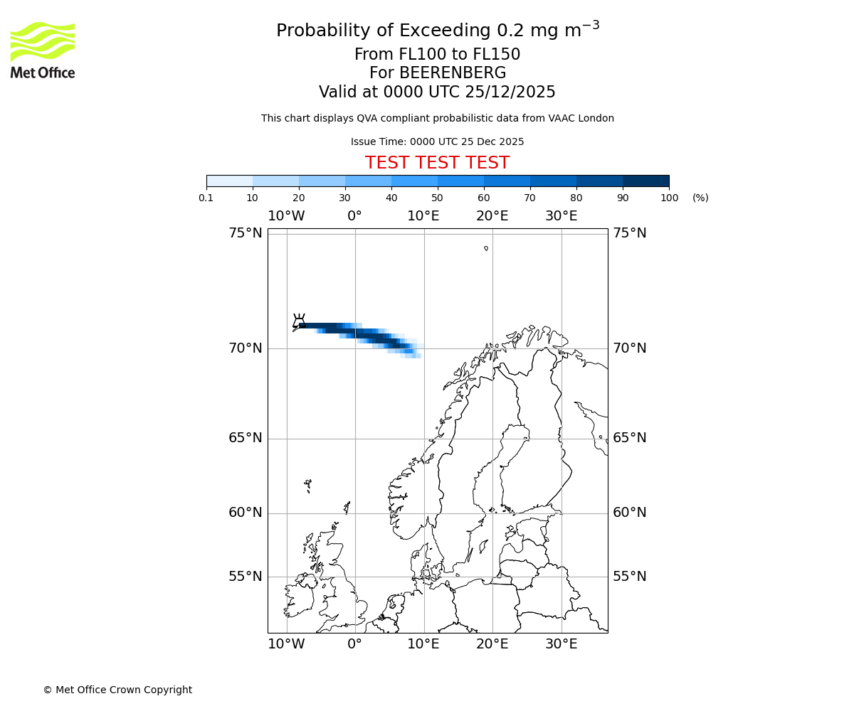 Probability of exceeding 0.2 milligrams per metre cubed. From 100 to 150 for BEERENBERG. Valid at 0000 UTC 25/12/2025