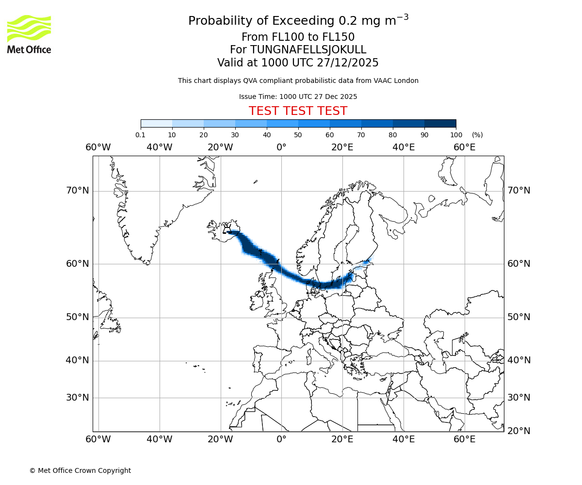 Probability of exceeding 0.2 milligrams per metre cubed. From 100 to 150 for TUNGNAFELLSJOKULL. Valid at 1000 UTC 27/12/2025